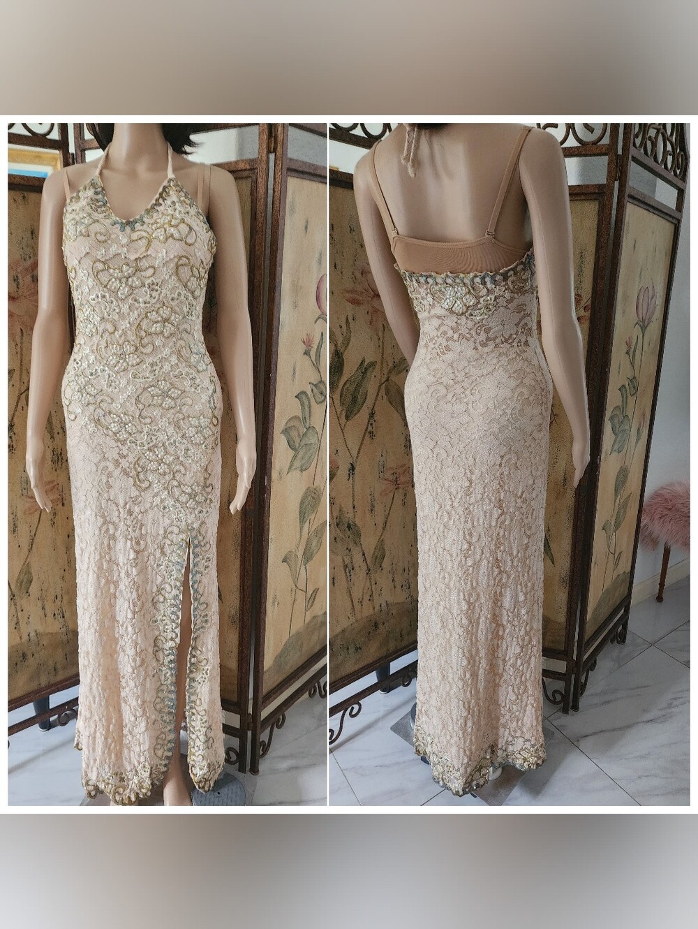 DRESS | Embellished Lace Evening Gown in Blush